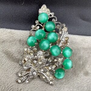 Vintage Pot Metal Brooch Silver Tone Green Moonglow Lucite Rhinestone‎